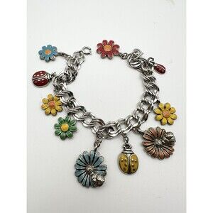 Vintage Silver Tone Daisy Flowers Ladybug Charm Bracelet 7”